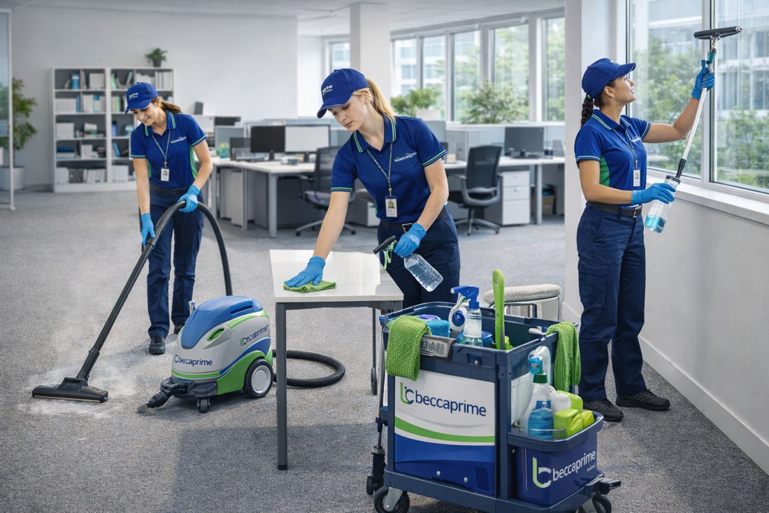 Équipe de nettoyage dans des bureaux