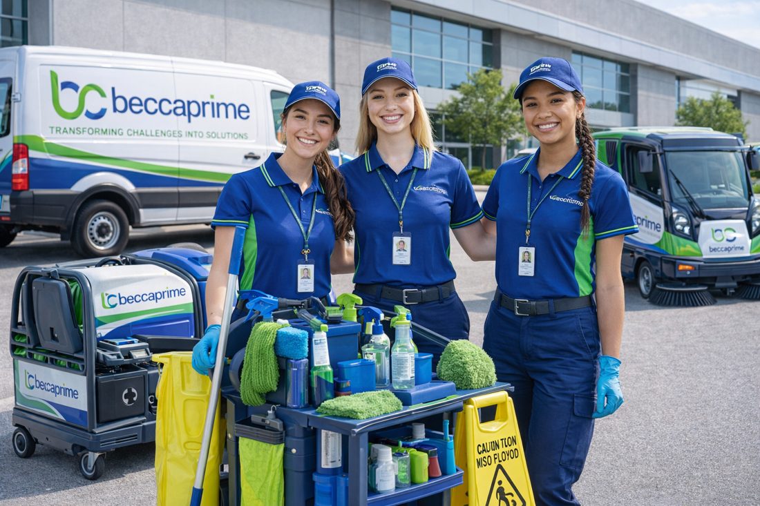 Équipe Beccaprime avec chariot de nettoyage